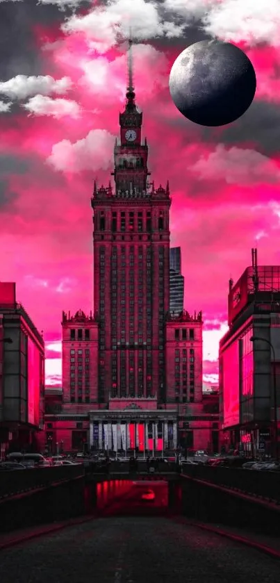 Vibrant pink city skyline with moon and clouds.