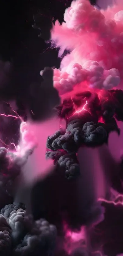 Vibrant pink and black clouds with lightning.