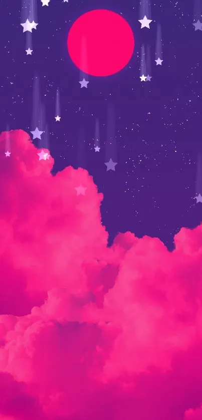 Vibrant pink clouds under a starry sky with a red moon.