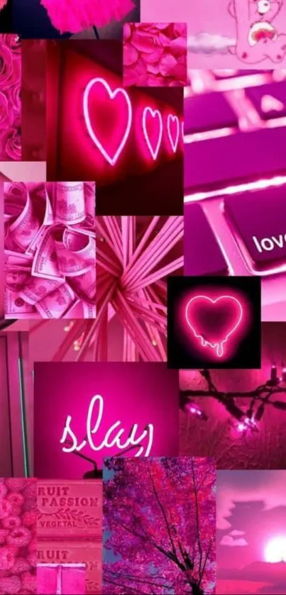 Vibrant pink collage with neon lights and a sunset scene.