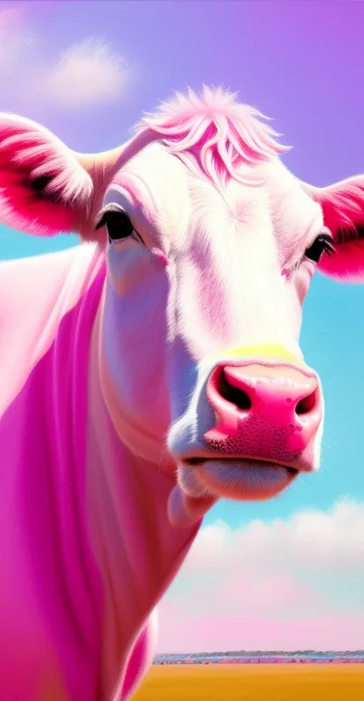 Vibrant pink cow against colorful background.