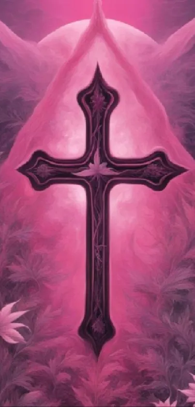 Pink cross and floral wallpaper design.