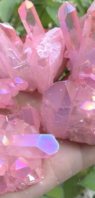 Hand holding vibrant pink crystals with sparkling facets.