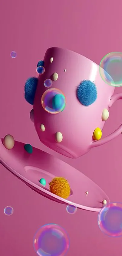 Vibrant pink cup with colorful pom-poms on a minimalist background.