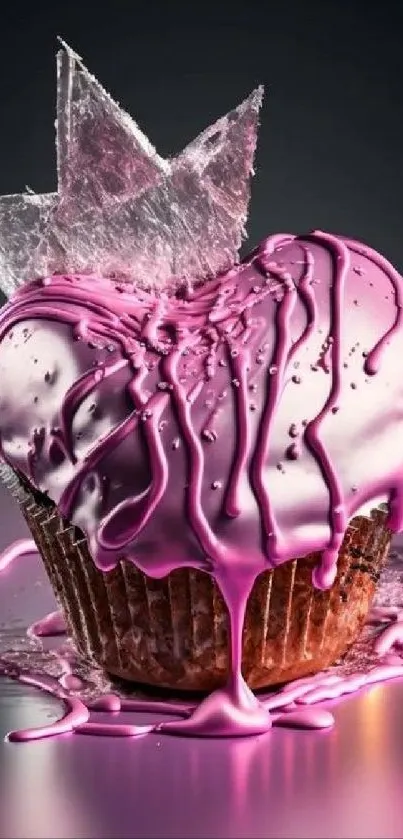 Chocolate cupcake with pink icing and decorative sugar art in vibrant colors.