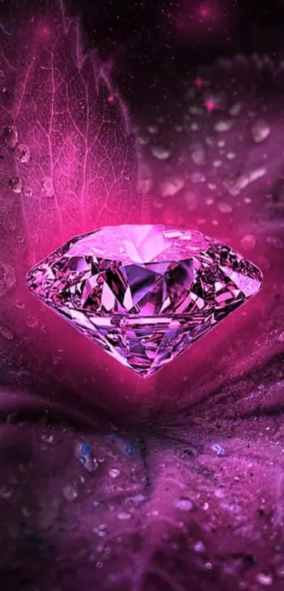 Vibrant pink diamond on textured leaf background.