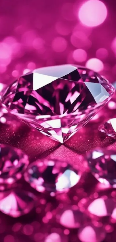 Gleaming pink diamond with bokeh effect background.