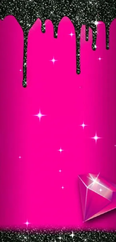 Vibrant pink wallpaper with diamond and glitter accents.