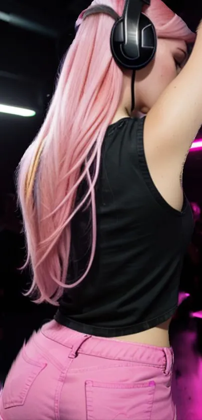 DJ with pink hair and headphones in a neon-lit club.