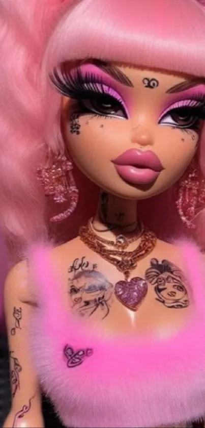 Vibrant pink doll with stylish tattoos and accessories.