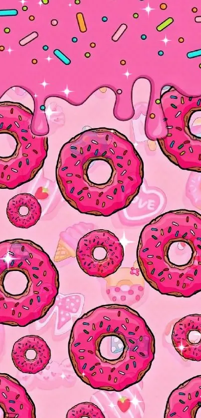 Vibrant pink donut wallpaper with sprinkles.