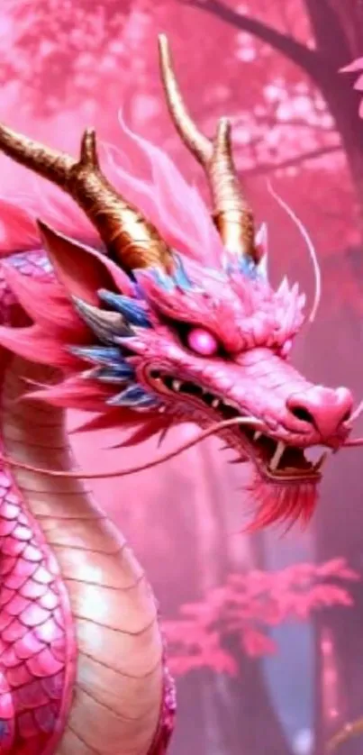 A vibrant pink dragon in a fantasy forest setting.