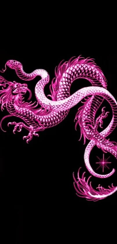 Vibrant pink oriental dragon on black background wallpaper.