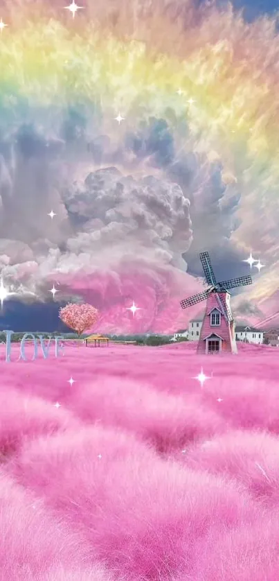 Vibrant pink field with rainbow sky and windmill scene.