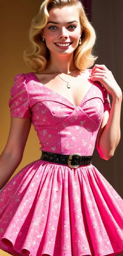 Woman in a vibrant pink dress posing with a glamorous smile.