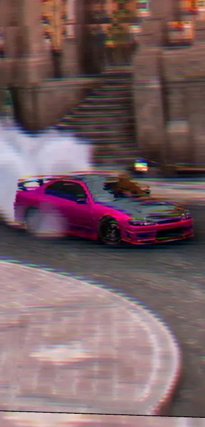 Pink drift car racing through urban landscape with motion blur.