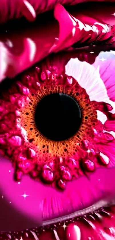 Vibrant pink eye with intricate details against a sparkling background.