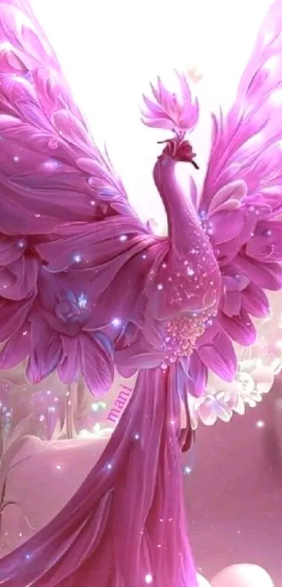 Fantasy bird in vibrant pink hues on wallpaper.