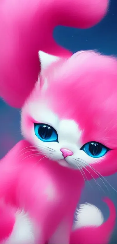 Adorable fluffy pink cat with blue eyes in a fantasy art style.