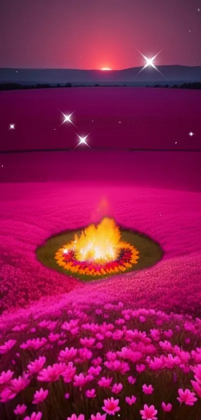 Pink fantasy landscape with fire and flowers.