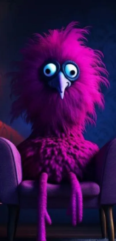 A vibrant pink cartoon bird with big eyes on a chair, set in a cozy room.