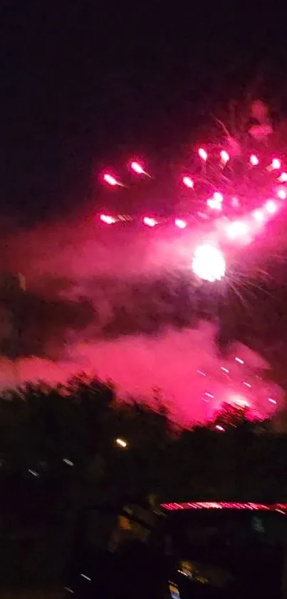 Pink fireworks burst in night sky, creating vibrant display.