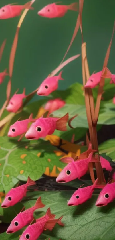 Colorful pink fish swim among green leaves.