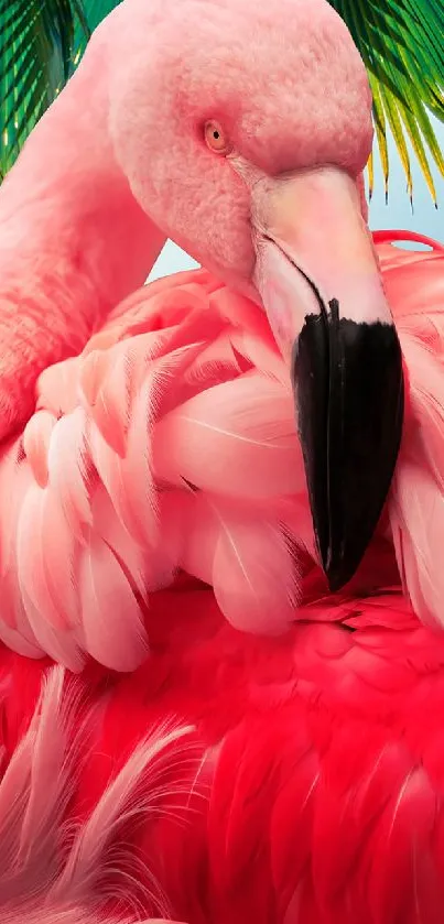 Pink flamingo with vibrant feathers set against tropical foliage.