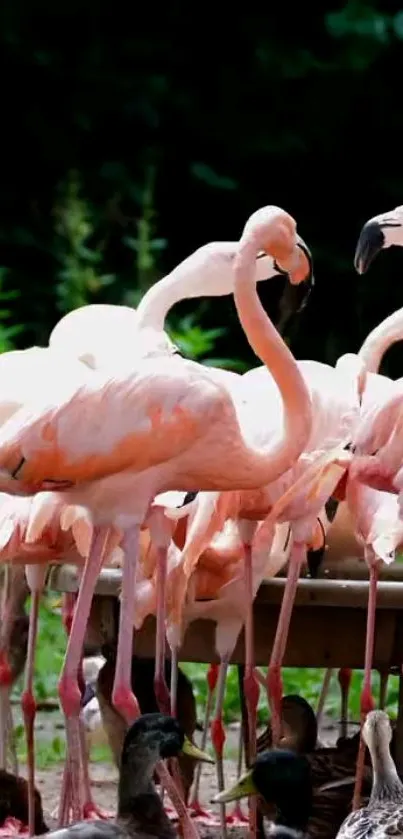 A vibrant flock of pink flamingos in natural surroundings.