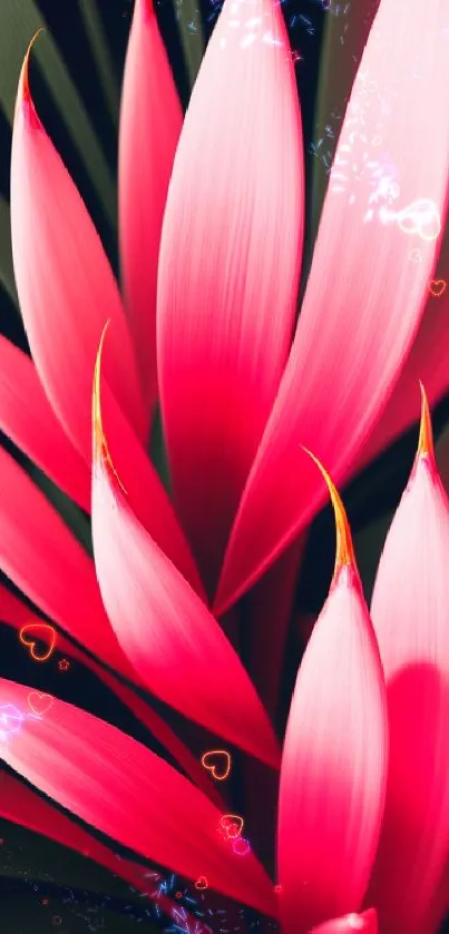 Vibrant hot pink floral wallpaper with tropical leaves.