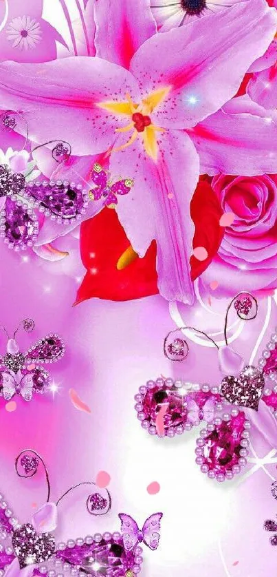 Vibrant pink floral wallpaper with jeweled butterflies