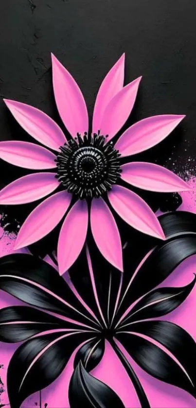 Pink and black floral art wallpaper with bold design.