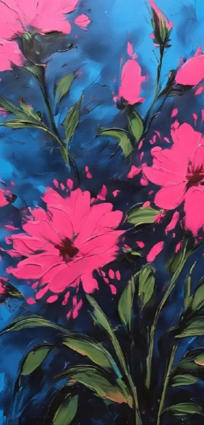 Vibrant wallpaper with pink flowers against a blue background.