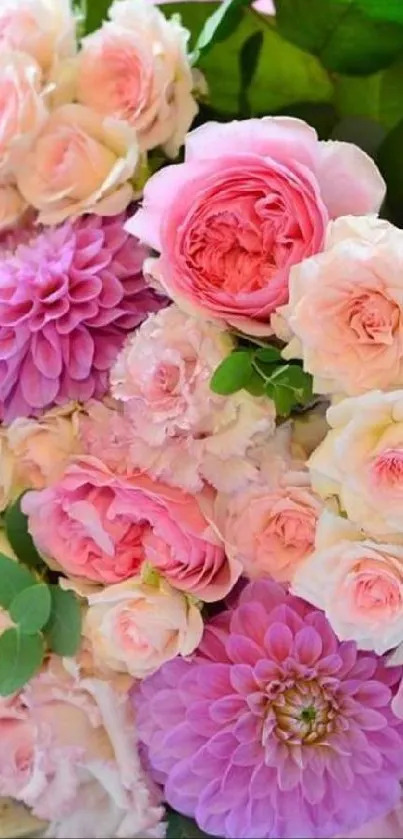 Vibrant pink and white flower bouquet with lush greenery.