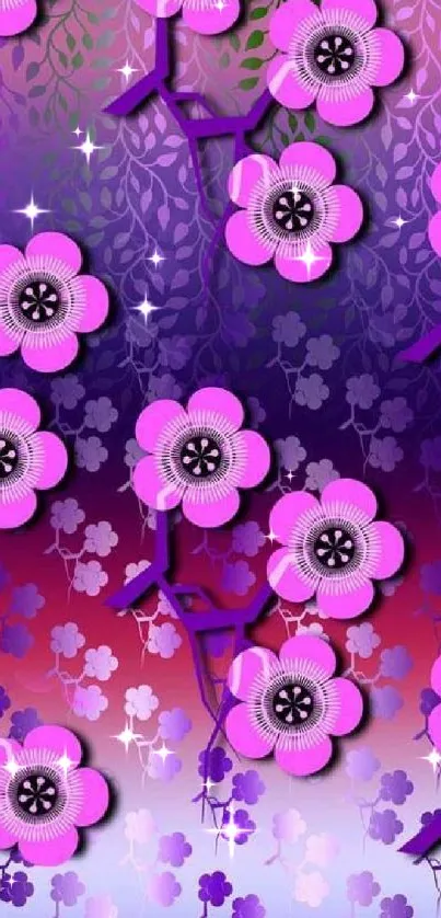 Vibrant pink floral wallpaper with purple gradient.