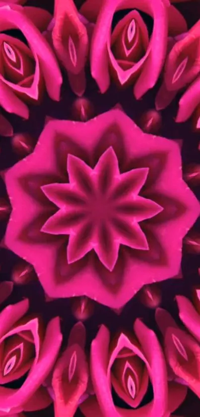 Vibrant pink floral kaleidoscope wallpaper with symmetrical patterns.