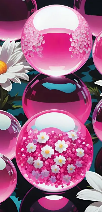 Pink floral orbs with daisies wallpaper.