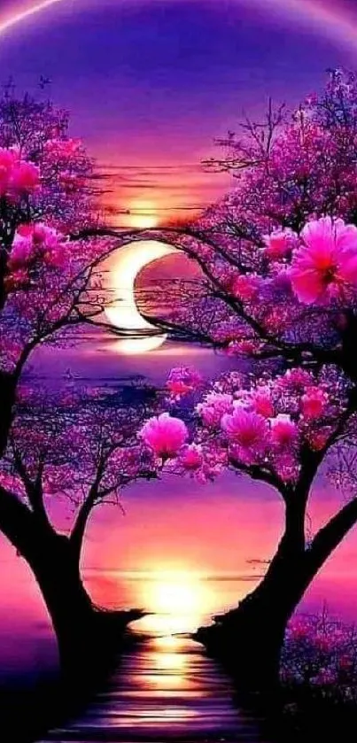 Vibrant pink floral sunset with purple sky.