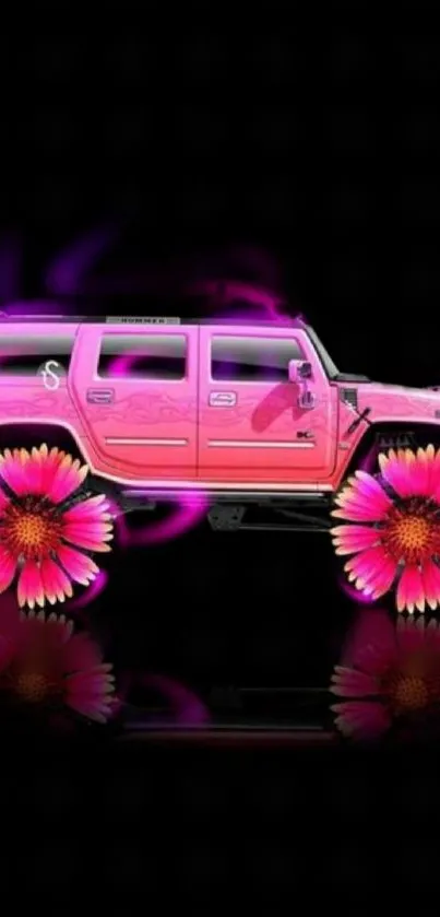 Vibrant pink SUV with floral wheels on black background.