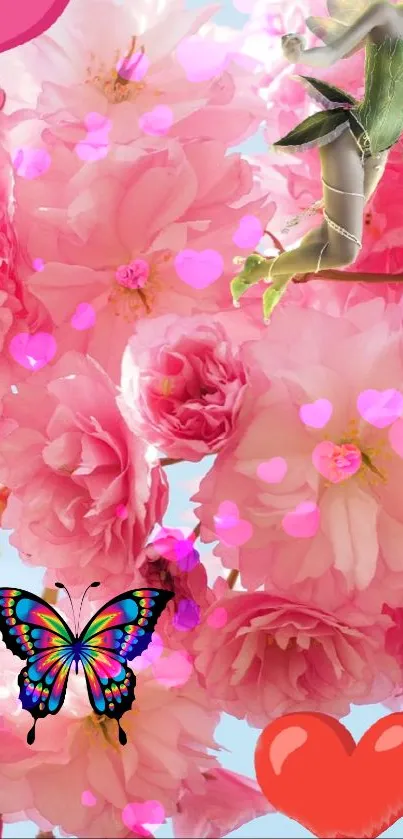 Vibrant pink floral wallpaper with hearts and butterfly.