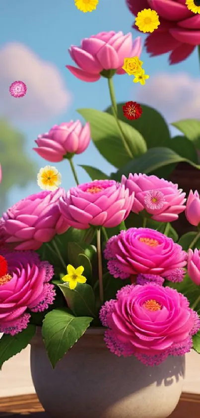 Vibrant pink flowers with green leaves in a serene arrangement.