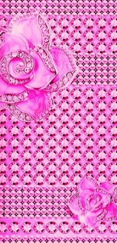 Pink floral wallpaper with diamond patterns and roses.