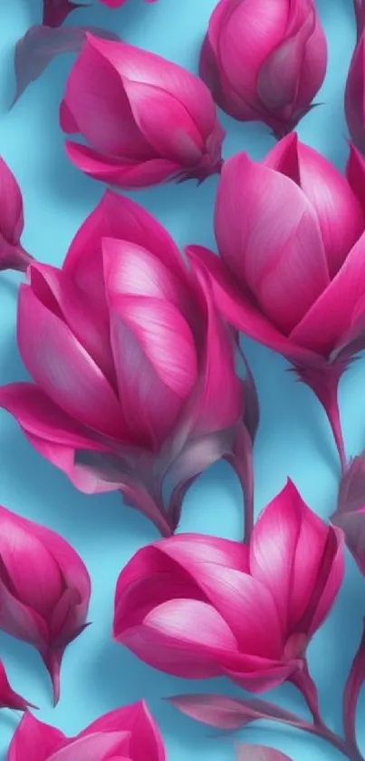 Pink flowers on a blue background creating an elegant, vibrant wallpaper.