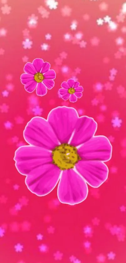 Vivid pink floral wallpaper with blossoms on a soft background.