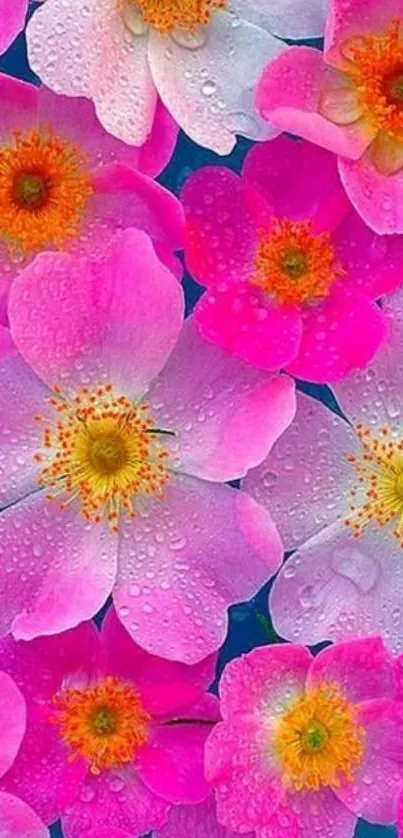 Beautiful wallpaper with pink and white flowers covered in dewdrops.