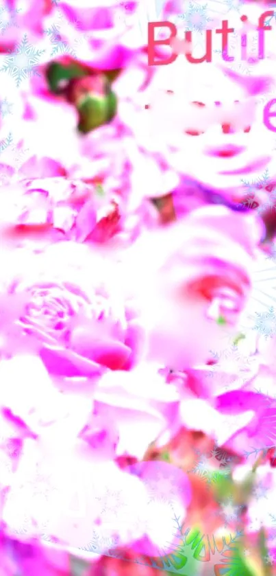 Vibrant pink roses with decorative elements in vivid floral wallpaper.