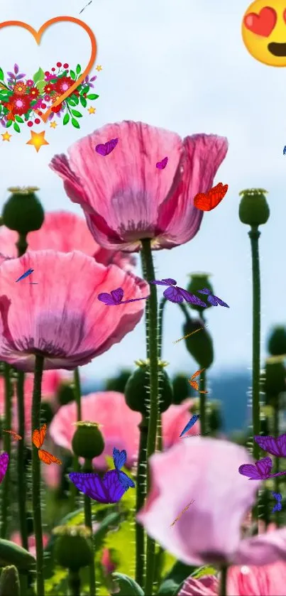 Vibrant pink poppy field under a blue sky with emoji.