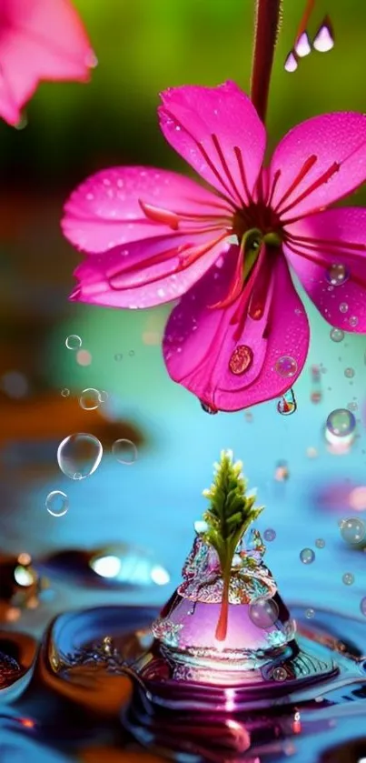 Vibrant pink flower with water droplets creating a splash effect.