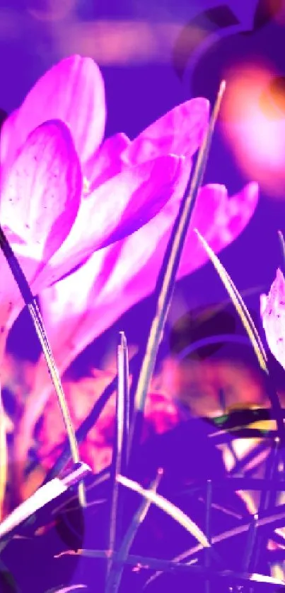 Vibrant pink flowers basking in sunlight among lush green grass.