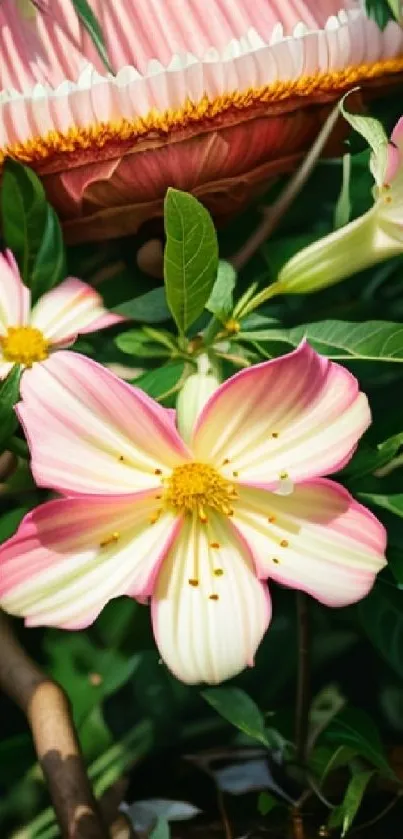 Vibrant pink flowers with green leaves background.